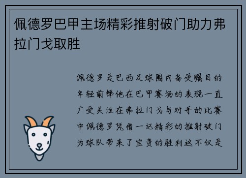 佩德罗巴甲主场精彩推射破门助力弗拉门戈取胜